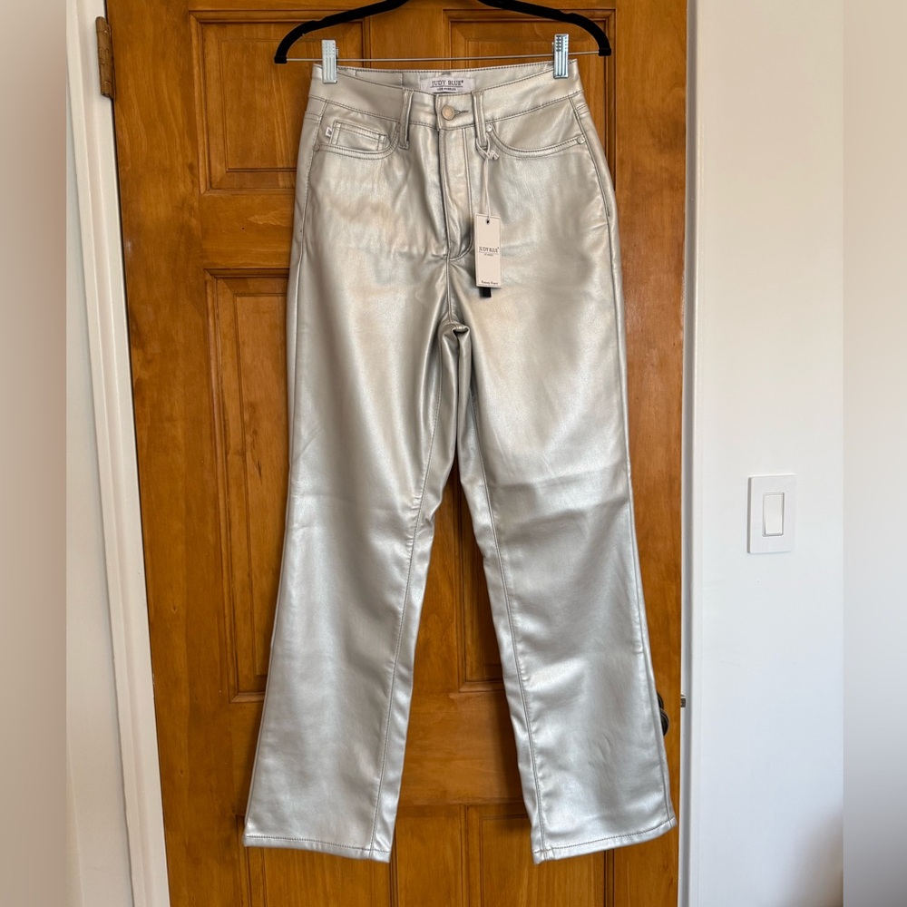 ‼️SOLD‼️ Judy Blue Metallic Silver Faux Leather Straight Leg Jeans